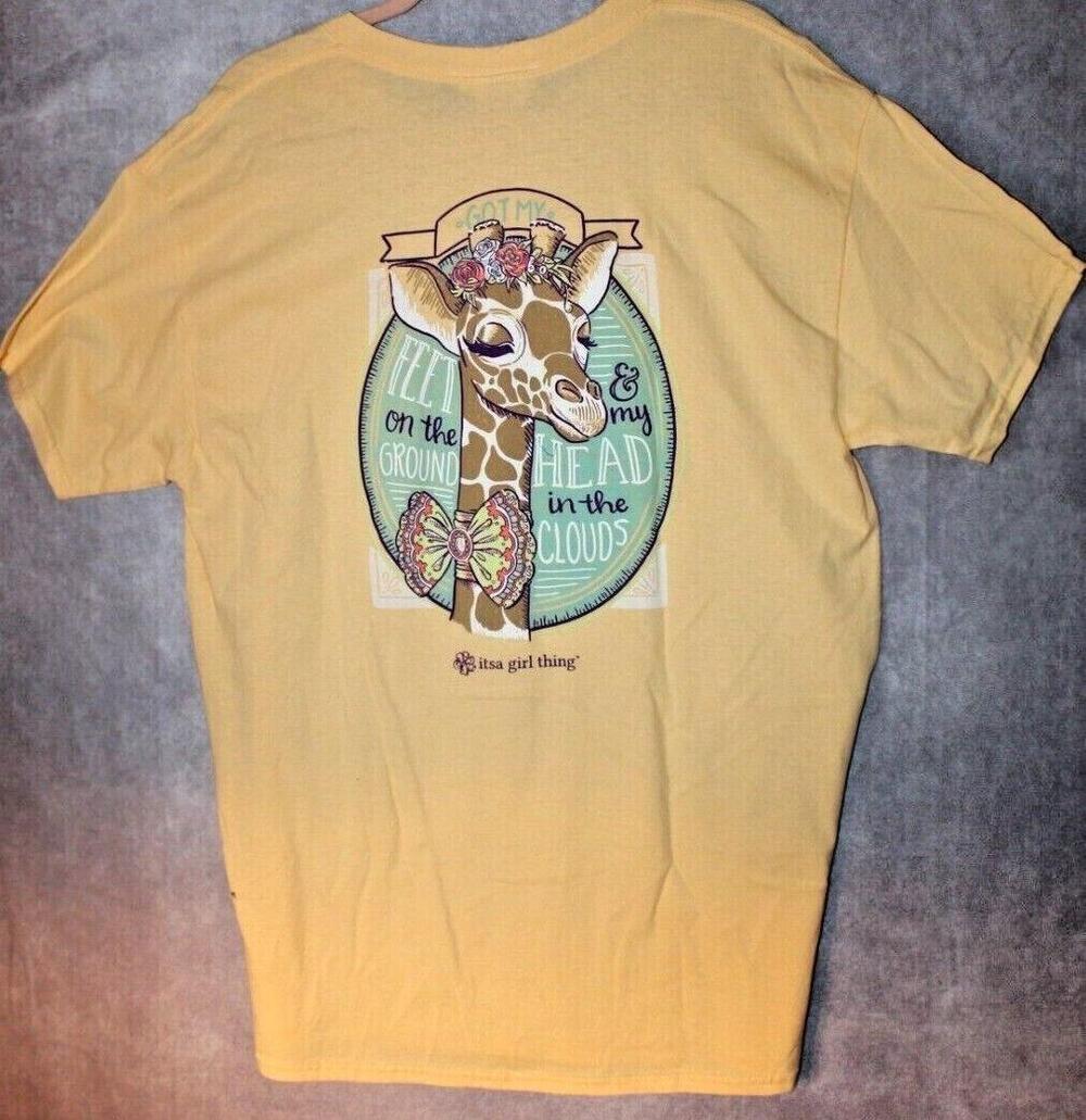 Itsa Girl Thing Shirt Womens Large Yellow Short Sleeve Giraffe Graphic Tee